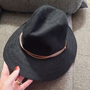 Anthropologie Black Hat with Leather cording.